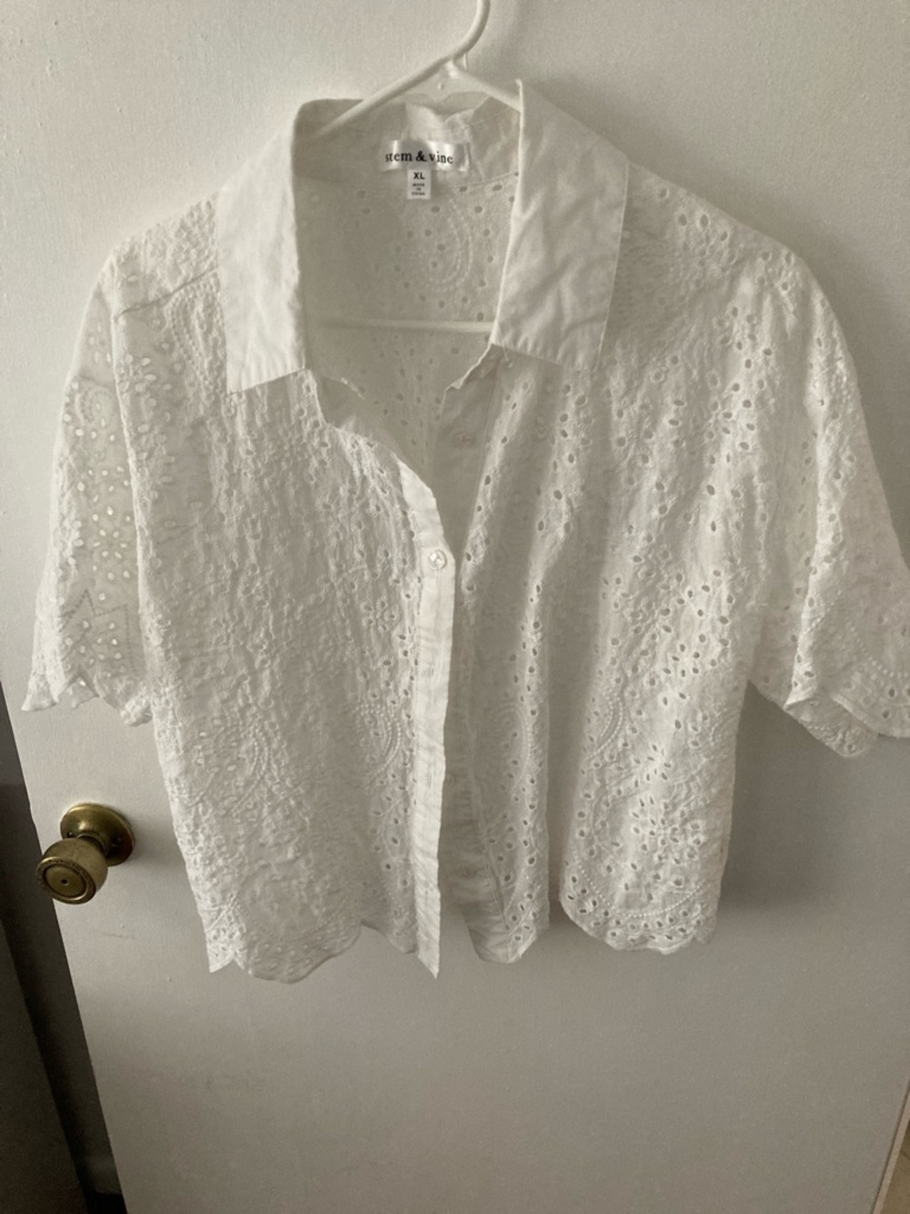 White Eyelet Button-Front Short Sleeve Shirt